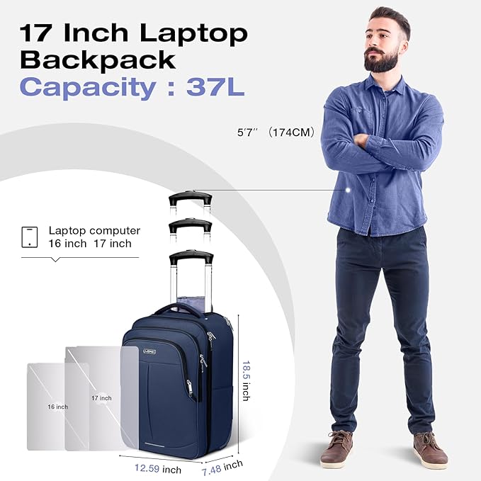 Rolling Backpack for Adults, 17 Inch Waterproof Carry-on Backpack - Image 7