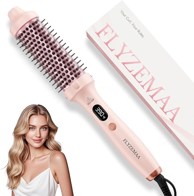 Thermal Brush, FLYZEMAA 1.5 Inch Heated Round Brush for Long Dry Hair, Heated Brushes Straightener with 3 Temp Settings, Blowout Brushes for Curling & Volumizing, Anti-Scald Nylon Bristles(Pink)