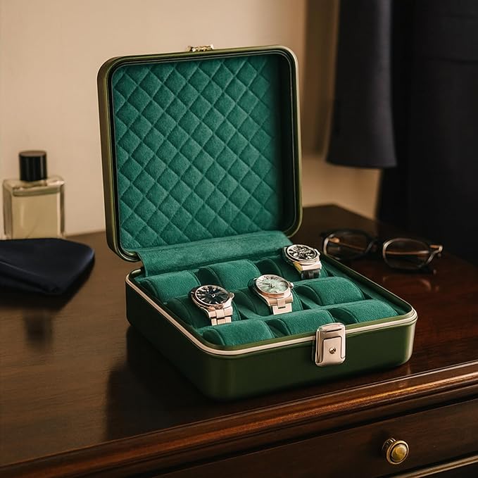 Bey-Berk Prague Aluminum Watch Case in Hunter Green – 9-Slot Locking Travel Box - Image 4