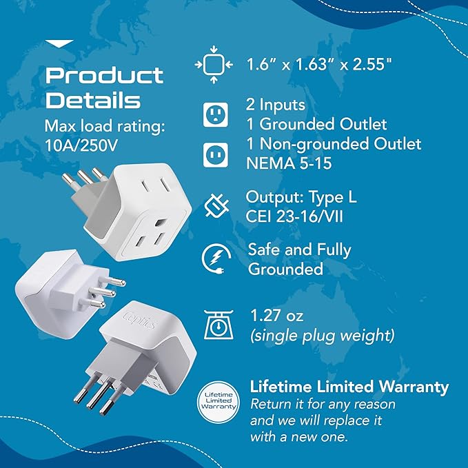 Ceptics Italy Travel Plug Adapter, Chile Plug Adapter - Image 9