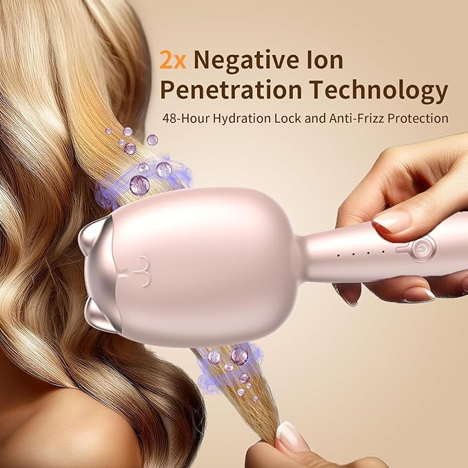 Crimper Hair Tool, Beach Waves Curling Wand,Ionic Hair Waver with 1.26 Inch Double Barrel for Women，Easy to Use，Four-Speed Adjustment and Automatic Power-Off,Pink