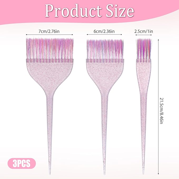 Glitter Hair Dye Brush Set - 3Pcs Professional Hair Dye Brush Color Brushes for Stylist Soft Bristles for Home DIY Dyeing Salon Hairdresser (3 Sizes)