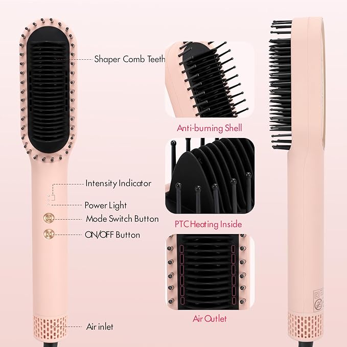 Hair Straightener Brush with Hot & Cool Air, AngKng Anti-Scald Heat Comb Straightener for Straightening Hair, 30s Fast Heating, Hot Air Straightening Brush for Women, Dual Voltage for Travel, Pink
