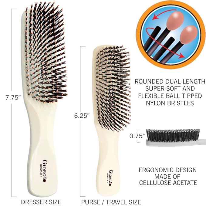 Giorgio GIO1IVY - GIO2IVY Ivory Gentle Touch Detangler Hair Brush for Men Women and Kids. Soft Bristles for Sensitive Scalp. Wet and Dry for all Hair Types. Scalp Massager Brush