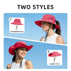 Ponytail Sun Bucket Hats for Women UV Protection Foldable Wide Brim (1 Pack-pure Watermelonred)
