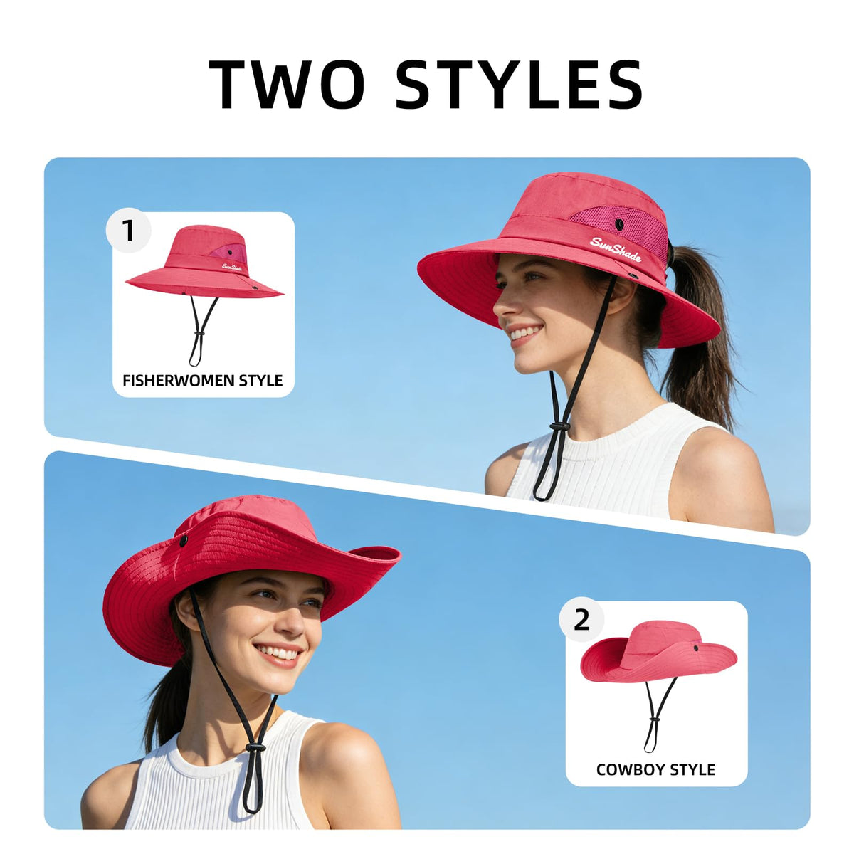 Ponytail Sun Bucket Hats for Women UV Protection Foldable Wide Brim (1 Pack-pure Watermelonred)