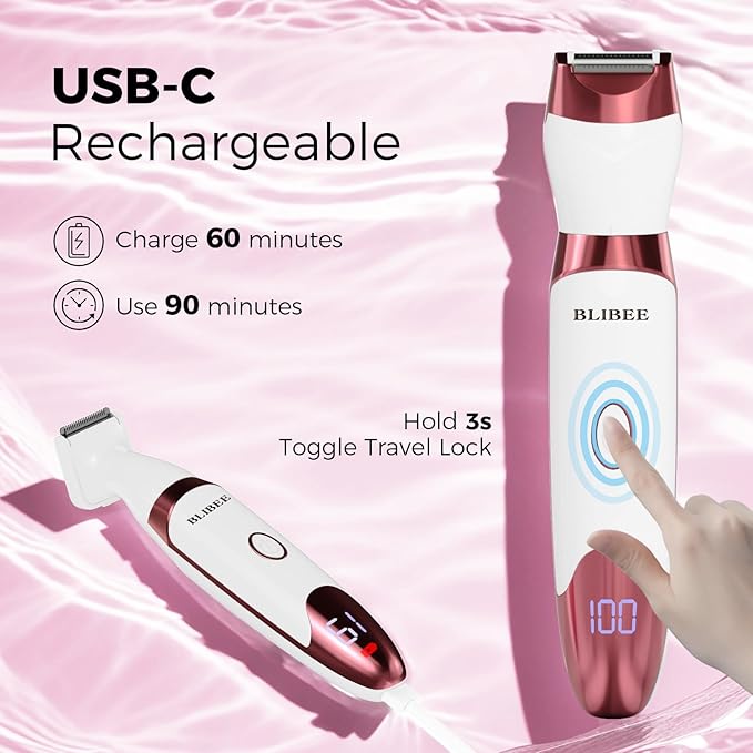 Bikini Trimmer for Women, LED Display Electric Razors for Women, 5-in-1 Electric Shaver, Rechargeable Painless Pubic Hair Trimmer for Legs, Underarms, Face & Sensitive Skin (Purple)