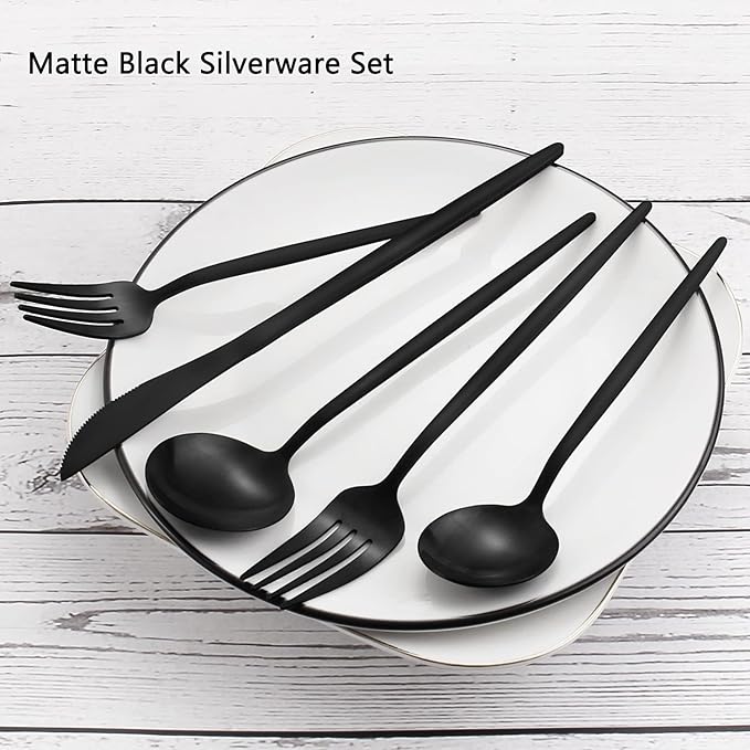Matte Black Silverware Set, VANVRO 20-Piece Stainless Steel Flatware Set - Image 3