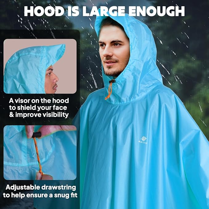 ANYOO Hooded Rain Poncho for Adults Waterproof Lightweight Rain Coat for Men - Image 4