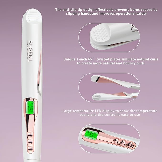 ANGENIL Pro Tourmaline Ceramic Twist Hair Straightener, Dual Voltage Flat Iron Curling Iron in One, Round Flat Iron with Silicone Heat Resistant Mat, LCD Display, 11 Adjustable Temp, 20S Fast Heating