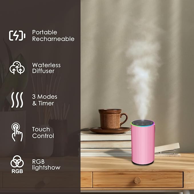 Waterless Essential Oil Diffuser, Battery Powered Mini Scent Air Machine, Aromatherapy Mist Diffuser for Home Room Car Office (Pink)