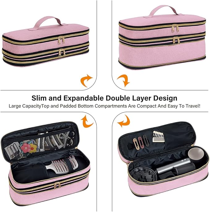 Hair Dryer Travel Carrying Case, Curling Iron Storage Bag, Slim Expandable Handheld Dual-Layer Travel Storage Bag for Dryer/Hair Tool Organizer/Style Organizer