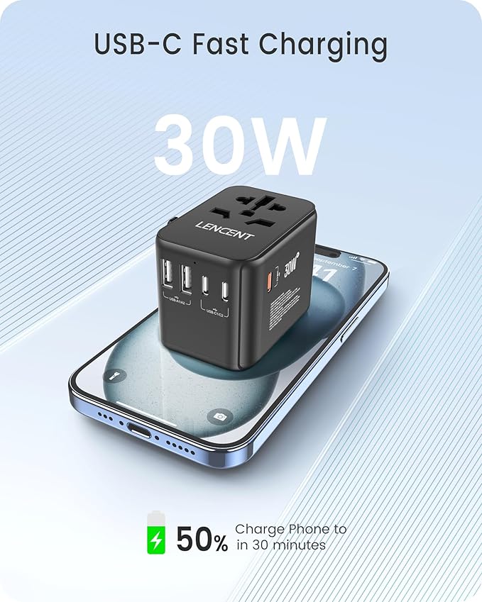 LENCENT Universal Travel Adapter, GaN III 30W International Charger - Image 3