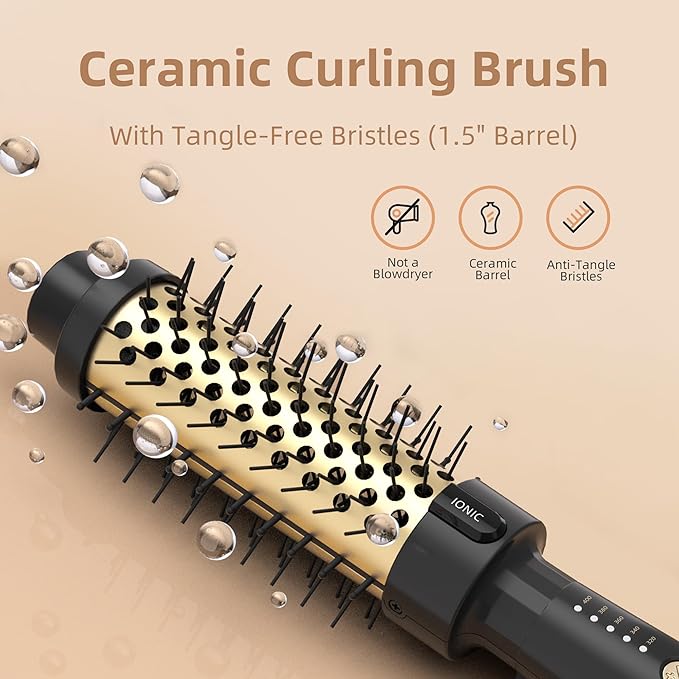 24K Gold Thermal Brush, Blowout Long Lasting Look Curling Brush, 30s Fast Heated Round Brushes 1.5" Makes Hair Smoother Get Natural Curls, 5 Temp Settings, Universal Voltage for Travel, Easy to Use