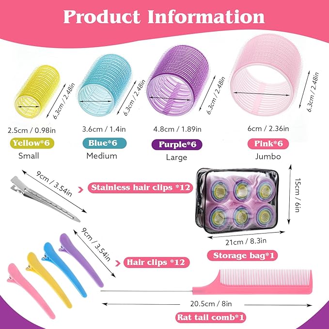 4 Sizes Self-Grip Hair Rollers Set - 50 Pcs with Clips in 4 Colors, Jumbo Rollers for Long, Short Hair and Bangs (25mm, 36mm, 48mm, 60mm)