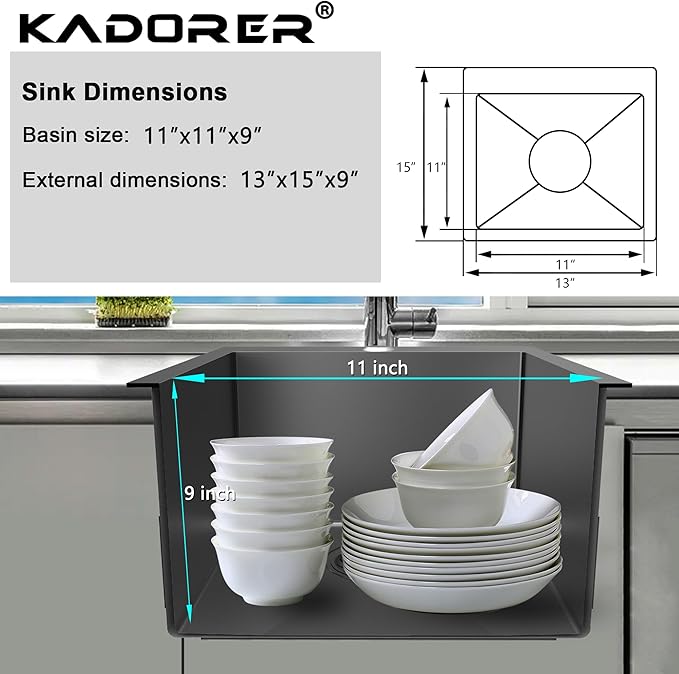 13 x 15 Inch Black Drop In Small Kitchen Sink, Single Bowl Topmount Bar Prep - Image 3