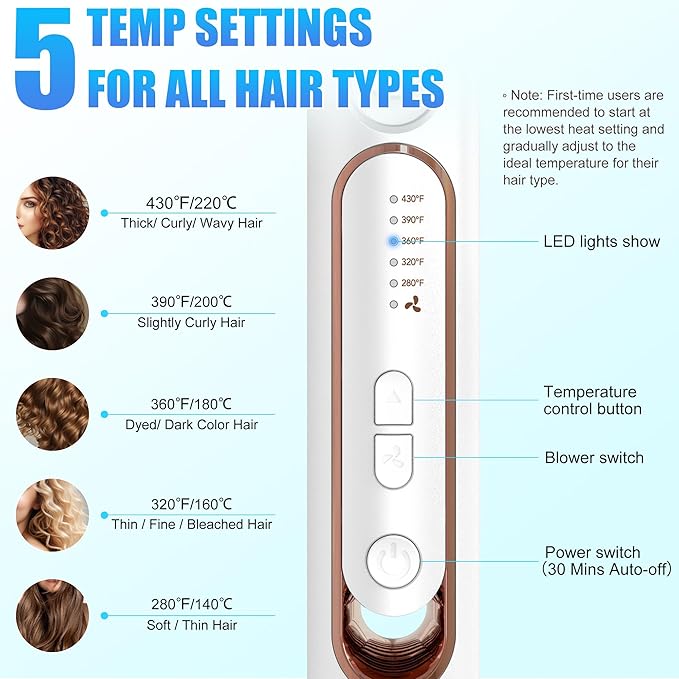 360° Airflow 2-in-1 Curling Iron & Straightener, 5 Temp Ceramic Negative Ion Styler, Cool Air Vents Lock Style, Dual Voltage Professional Hair Styler for Long/Short Hair