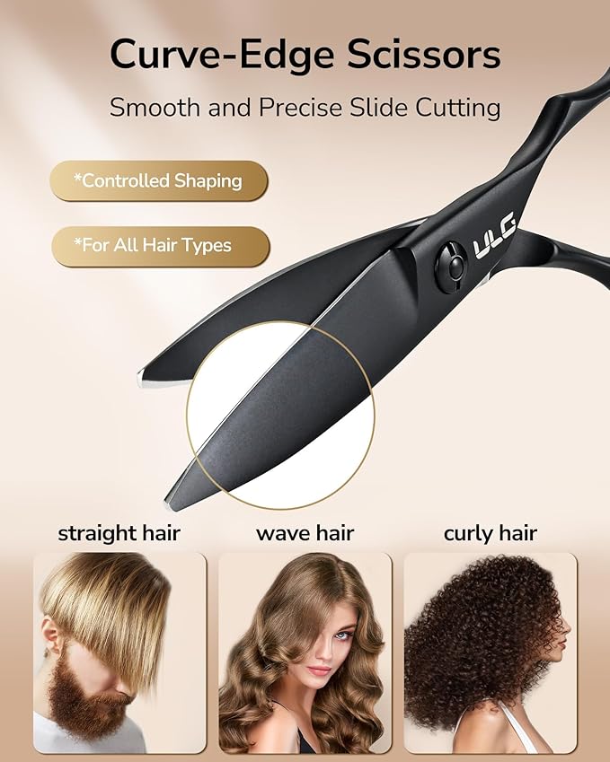 ULG Hair Cutting Scissors – Professional Stainless Steel with Teflon Coating, Ergonomic Offset Handle, Precision Blade for Layers & Detail, Ideal for Barbers Willow Leaf Shears