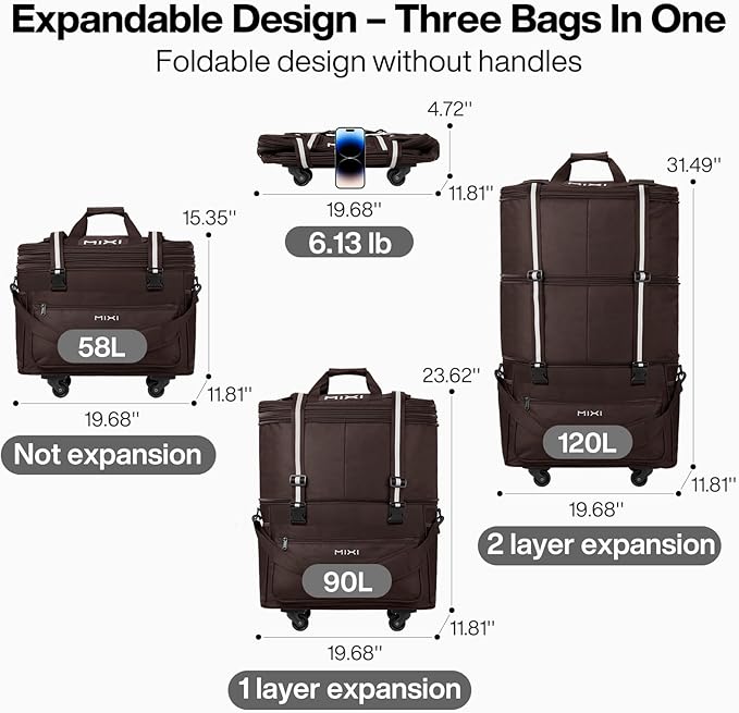 mixi Travel Bag with Wheels Expandable Foldable Luggage Bag Collapsible Rolling - Image 2