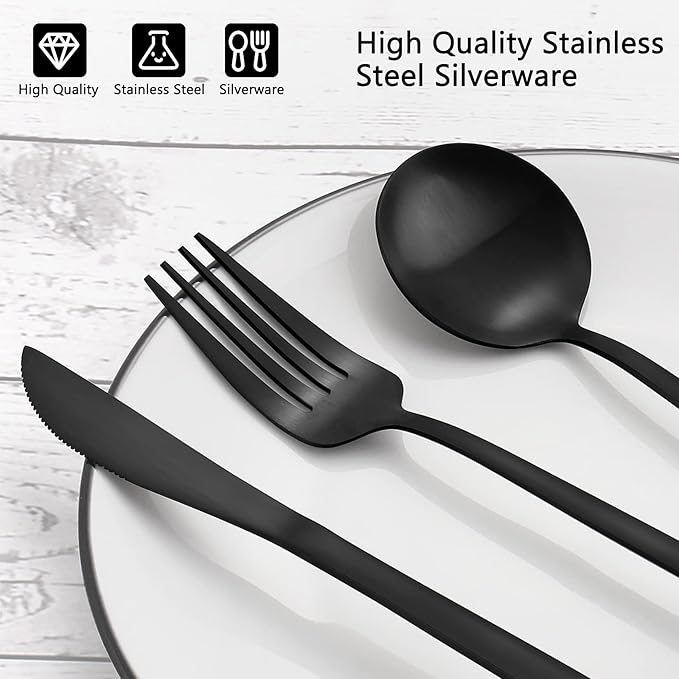 Matte Black Silverware Set, VANVRO 20-Piece Stainless Steel Flatware Set - Image 4