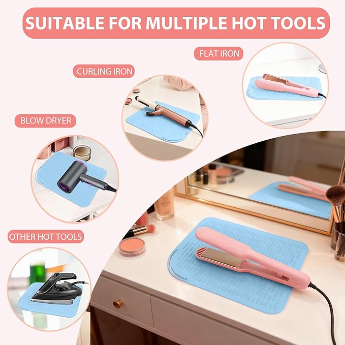 Large Silicone Heat Resistant Mat, Portable Travel Hot Hair Tools Holder Pad for Curling Iron, Flat Iron, Hair Straightener and Other Styling Tools(12.0" x 9.0")