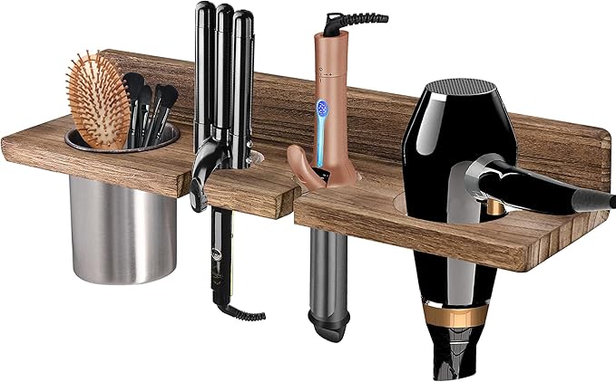 Bathroom Wall Mounted Hair Dryer Holder Hair Care & Styling Tool Organizer, Farmhouse Wooden Beauty Hair Appliance Holder for Flat Iron, Curling Wand, Hair Straighteners, Brushes