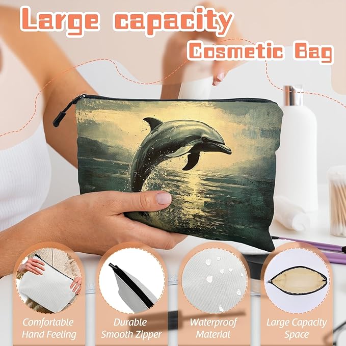 Cosmetic Bags Travel Makeup Toilet Case Waterproof Pouch for Women Girls 6.7X9.45inches - Dolphin Leaping in A Vintage - Styled Sea - Sky Scene