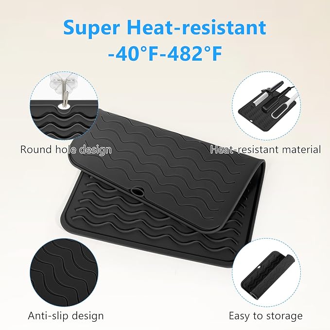 Quccefods Heat Resistant Mat Oversize Curling Iron Mat Silicone Hot Hair Tools Mat for Hair Straightener,Flat Irons,Hair Styling Tools Countertop protection Portable Travel Mat 14.2" x 11"