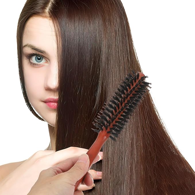 Round Boar Bristle Hair Brush 8.5 Inch Wooden Handle Curly Comb for Men and Women Styling Blow Drying Soft Hair Care