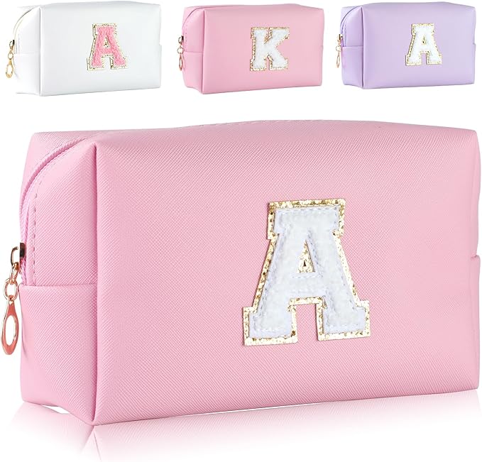 MSQ Personalized Makeup Bag Initial A-Z Patch Bag, PU Leather Cosmetic Bag Pouch Travel Toiletry Bag with Zipper, Gift Ideal for Teen Girls Friend Mom Women Birthday(Pink A)