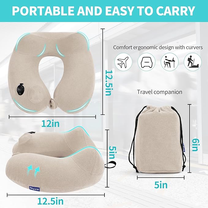Inflatable Travel Neck Pillow for Airplane, Head Support Velvet Adult Neck - Image 2