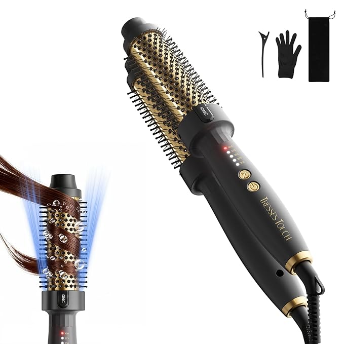 24K Gold Thermal Brush, Blowout Long Lasting Look Curling Brush, 30s Fast Heated Round Brushes 1.5" Makes Hair Smoother Get Natural Curls, 5 Temp Settings, Universal Voltage for Travel, Easy to Use