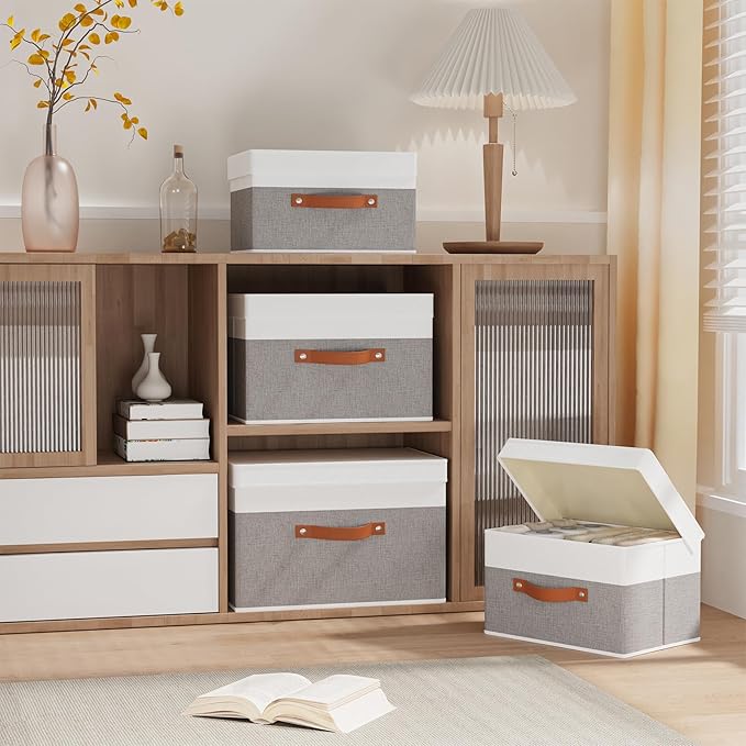 Fabric Storage Bins with Lids, 1 Pack Linen Foldable Cloth Baskets, 15 x 9.8 x - Image 2