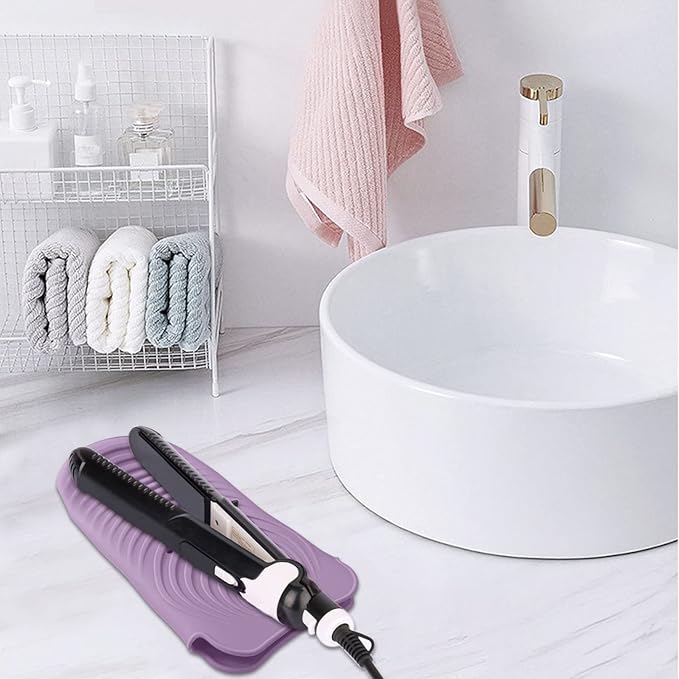 Heat Insulating Silicone Mat Pouch for Hair Styling Tools, Curling & Flat Irons Anti-Slip Travel Cover, Small Portable Straightener Pad for Curler Wands Storage, Hot Waver (Purple)