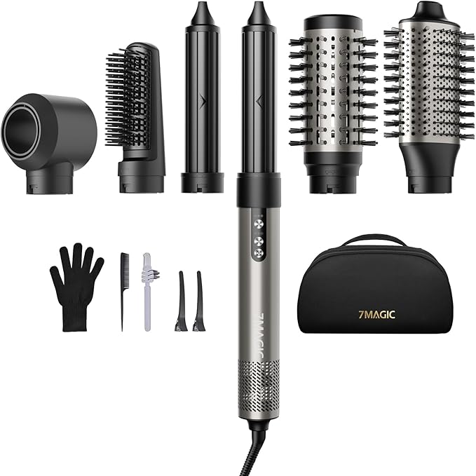 7MAGIC 6 in 1 Multi Hair Styler Dryer Brush, 110,000 RPM High-Speed, Negative Ionic, Fast Drying for Professional Blow Dry, Curling, Volumizing, Straightening and Styling, Silver