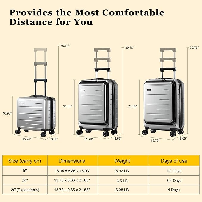 16 Inch Carry On Luggage Airline Approved, Expandable Lightweight ABS+PC Hard - Image 8