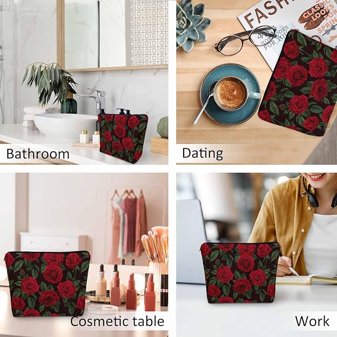 Woman Rose Makeup Bag - Blossom Flower Roses Red Travel Cosmetic Bags Toiletry Makeup Organizer Pencil Pouch For Owners Lady Birthday Gifts