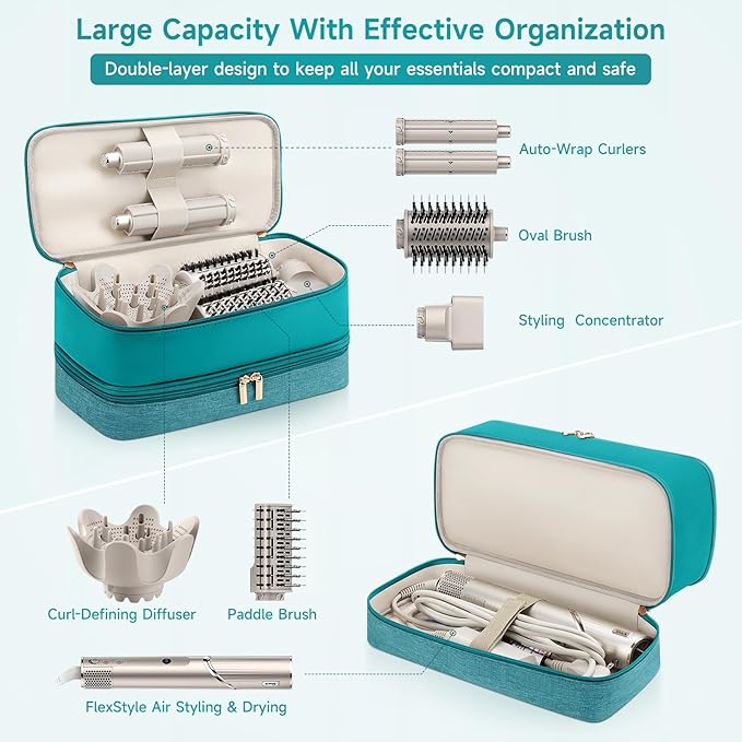 Travel Hair Dryer Case for Shark Flexstyle, Double-Layer Carrying Case for Shark Flex Style Blow Dryer, Portable Hair Tools Storage Organizer Bag for Shark Beauty Hairdryer Attchments (Teal Green)