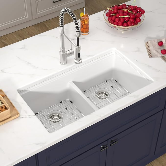33 Inch Undermount White Granite Composite Kitchen Sink Under Counter Quartz - Image 4