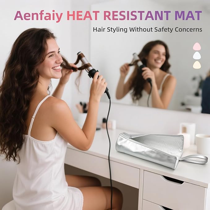 2-in-1 Heat Resistant Mat & Bag for Hair Styling Tools, Hanging Curling Iron Holder Flat Iron Holder with Zip, Portable Hot Hair Tools Travel Bag, Hair Straightener Mat Pouch for Countertop