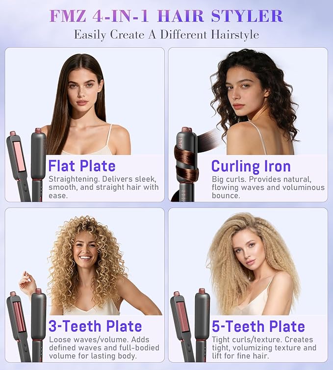 FMZ Flat Iron Hair Straightener Curler and Crimper, Professional 4 in 1 Hair Styling Irons for Straightening, Crimping, Curling, Dual Voltage, Auto Shut-Off, Small and Portable for Women Travel Home