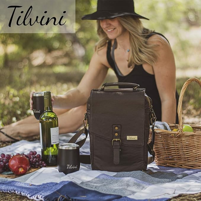 Insulated Leather Wine Bag & 2 Wine Tumblers Set. Leather Wine Bottle Carrier - Image 7