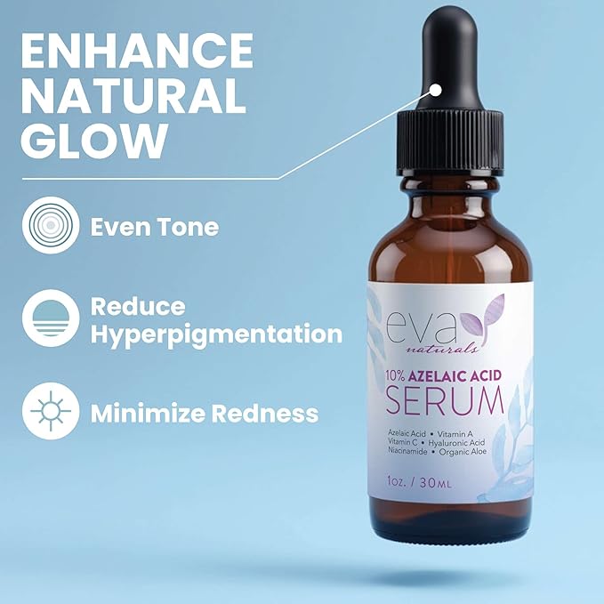 Eva Naturals Azelaic Acid Skincare Serum for Face – Facial Treatment with Niacinamide & Hyaluronic Acid Formula for Redness Soothing, Acne Breakouts, Uneven Skin Texture, Fragrance Free (1 Fl Oz)