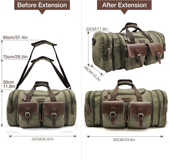 Wildroad 50L Travel Duffel Bag, Expandable Canvas Genuine Leather Duffle Bag - Image 7