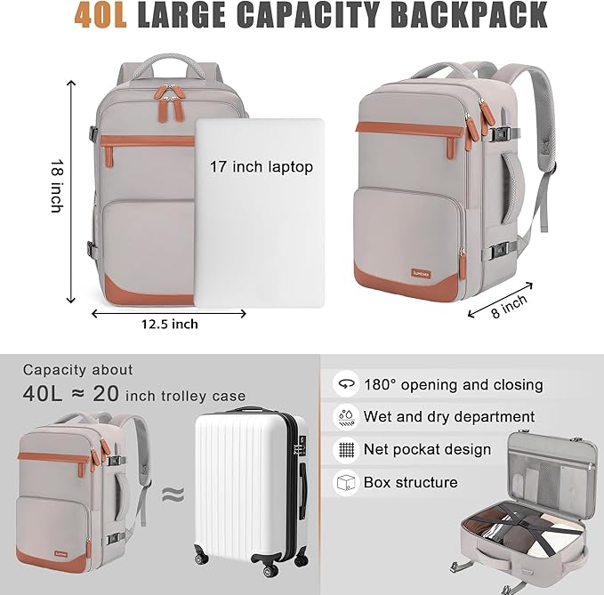 40L Travel Backpack with USB Charging Port, Water-Resistant Carry On Backpack - Image 6