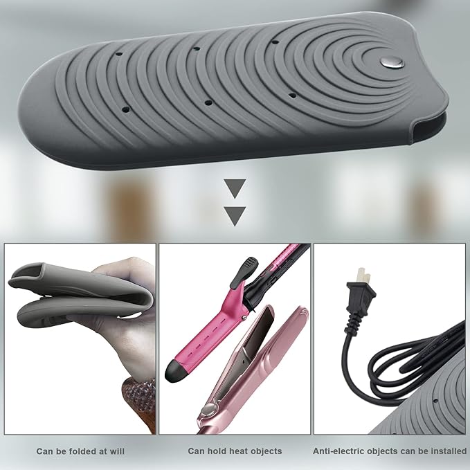 Heat Insulating Silicone Mat Pouch for Hair Styling Tools, Curling & Flat Irons Anti-Slip Travel Cover, Small Portable Straightener Pad for Curler Wands Storage, Hot Waver (Dark Gray)