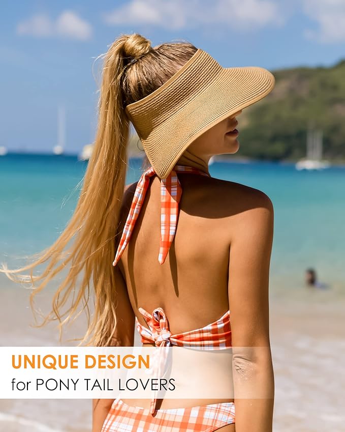 FURTALK Sun Hats for Women Wide Brim Beach Hat Straw Visor Ponytail Summer UV - Image 8