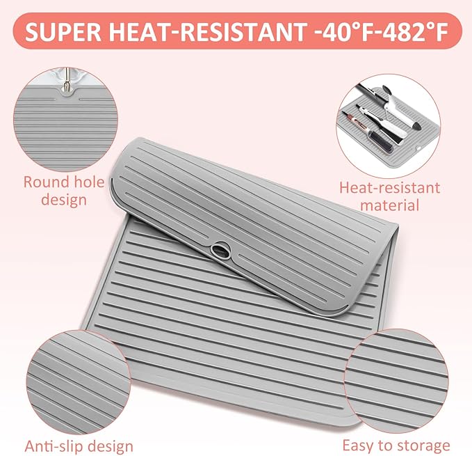 Quccefods Heat Resistant Large Silicone Mat for Hair Styling Tools - Curling Irons, Flat Irons, Hair Straighteners - Portable Vanity Pad