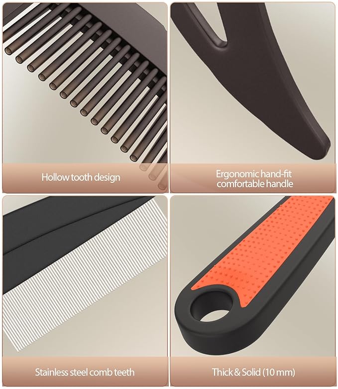 Dandruff Comb Fine Tooth Scalp Detox Comb Lice for Women, Men & Kids Stainless Steel Scalp Detoxing, Sweep & Massage Hair Brush Tool for Hair Care (Brown+Red)