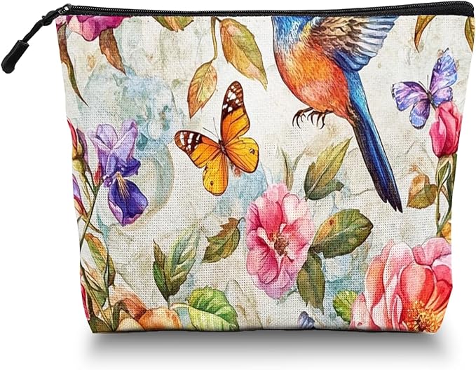Cosmetic Bags Travel Makeup Toilet Case Waterproof Pouch for Women Girls 6.7X9.45inches - Whimsical Flower - Bird - Butterfly World